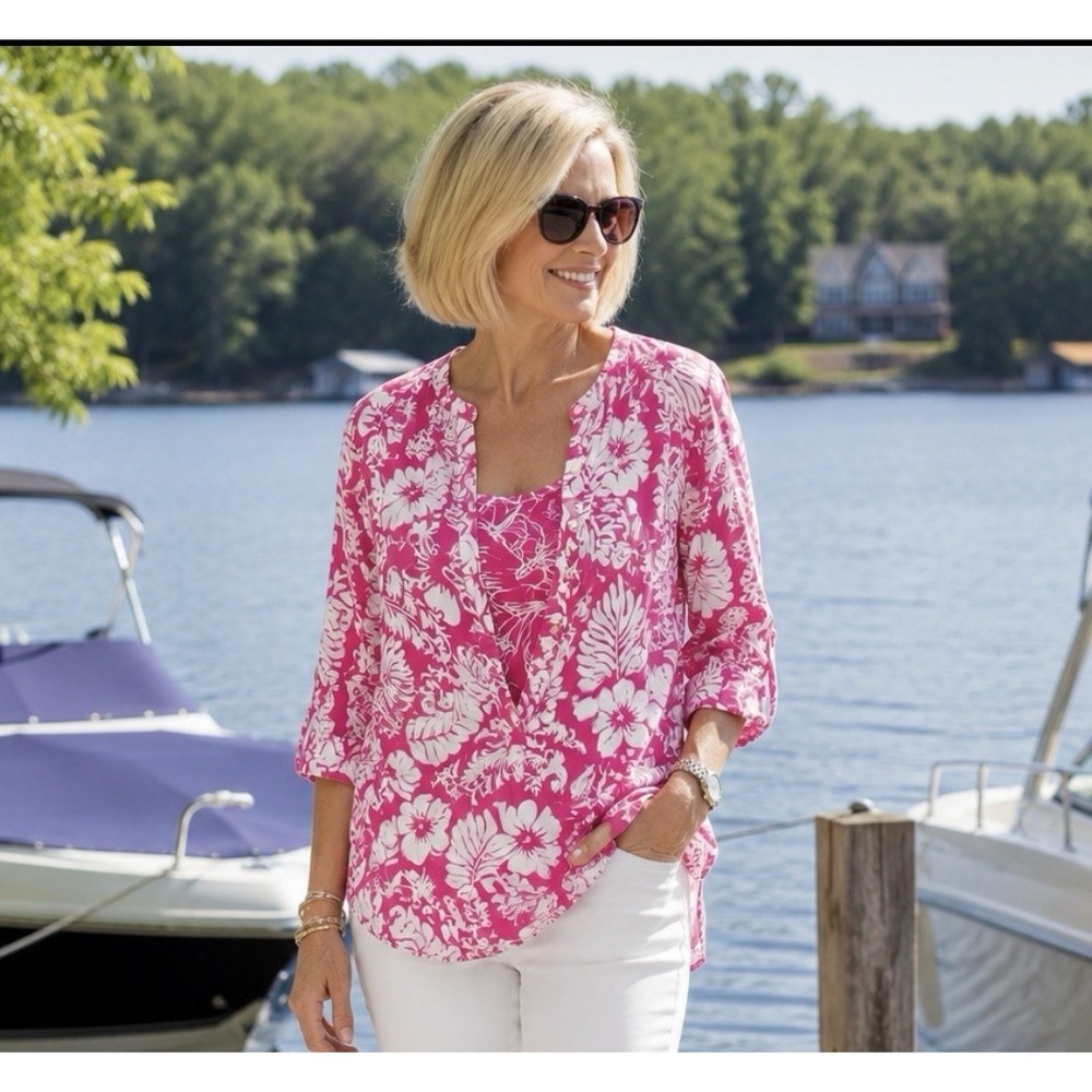 Lauren Ralph Lauren Pink Tropical 2 Pc Tunic Tank Set Linen Cotton Size S